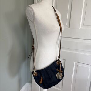 Vince Camuto Cris Blue Nylon Brown Leather Crossbody Tassel Bag Gold